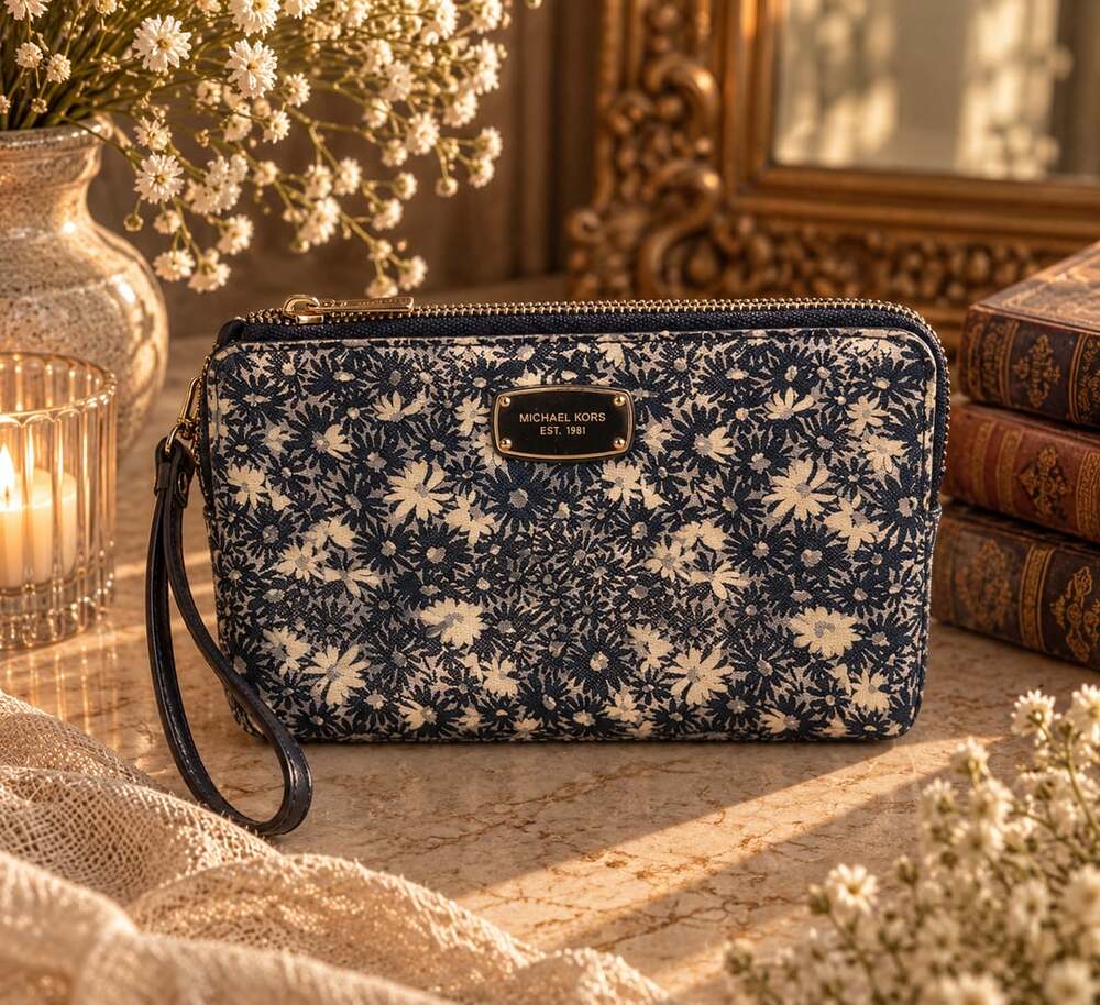 Michael Kors Floral Double Zip Wristlet Clutch Wallet Navy Blue Silver